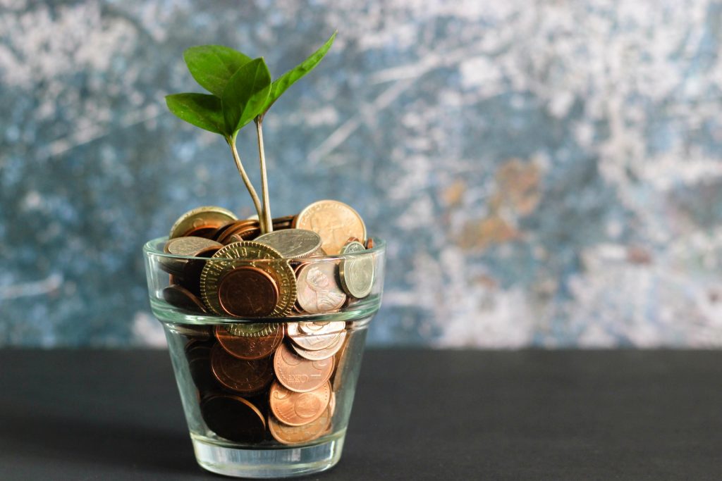 Ein Glasgefäß mit einer Menge Münzen und einer Pflanze, die daraus wächst